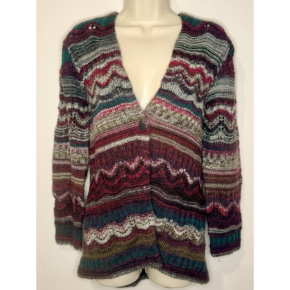 J Jill Wool Blend Purple Stripe Chunky Grandma Cardigan Sweater Size S Small EUC